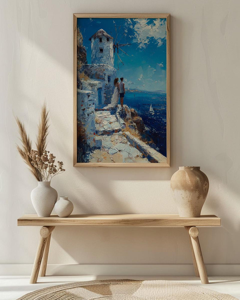 Mykonos Wall Art, Greek Island Print, Windmill Decor, Impasto Oil Painting, Blue and White, Minimalist Travel Art, Aegean, Engagement Gift