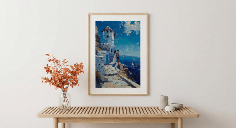 Mykonos Wall Art, Greek Island Print, Windmill Decor, Impasto Oil Painting, Blue and White, Minimalist Travel Art, Aegean, Engagement Gift
