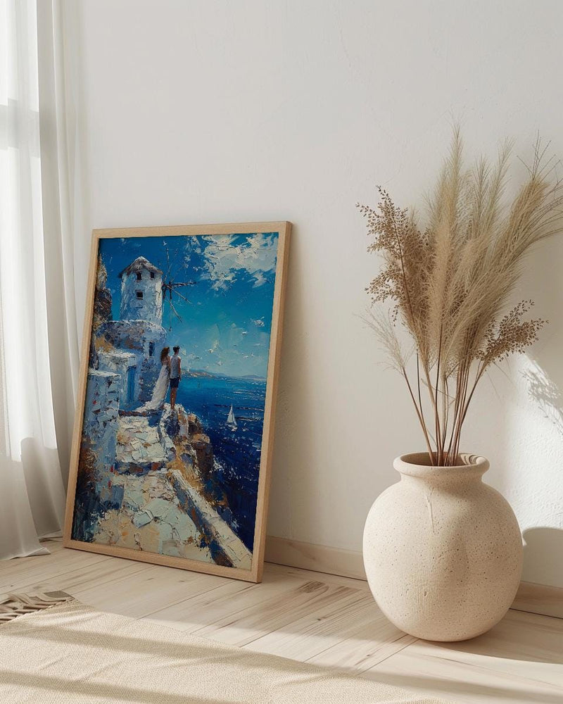 Mykonos Wall Art, Greek Island Print, Windmill Decor, Impasto Oil Painting, Blue and White, Minimalist Travel Art, Aegean, Engagement Gift