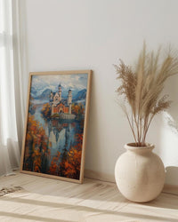 Fairytale Castle Art, Neuschwanstein Print, Germany Travel, Impasto Oil Painting, Dreamy Landscape, Princess Room Decor, Fog