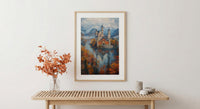 Fairytale Castle Art, Neuschwanstein Print, Germany Travel, Impasto Oil Painting, Dreamy Landscape, Princess Room Decor, Fog