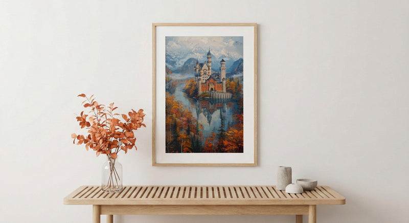 Fairytale Castle Art, Neuschwanstein Print, Germany Travel, Impasto Oil Painting, Dreamy Landscape, Princess Room Decor, Fog
