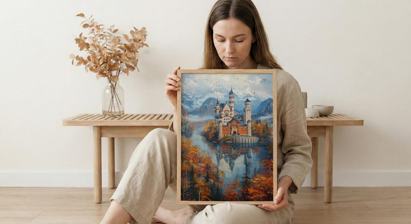 Fairytale Castle Art, Neuschwanstein Print, Germany Travel, Impasto Oil Painting, Dreamy Landscape, Princess Room Decor, Fog
