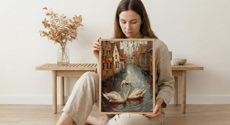 Bruges Wall Art, Belgium Canal Print, Swan Love, Impasto Oil Painting, Medieval Town, Romantic Landscape, Peaceful Decor