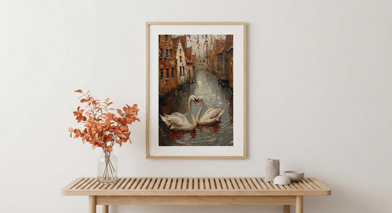 Bruges Wall Art, Belgium Canal Print, Swan Love, Impasto Oil Painting, Medieval Town, Romantic Landscape, Peaceful Decor