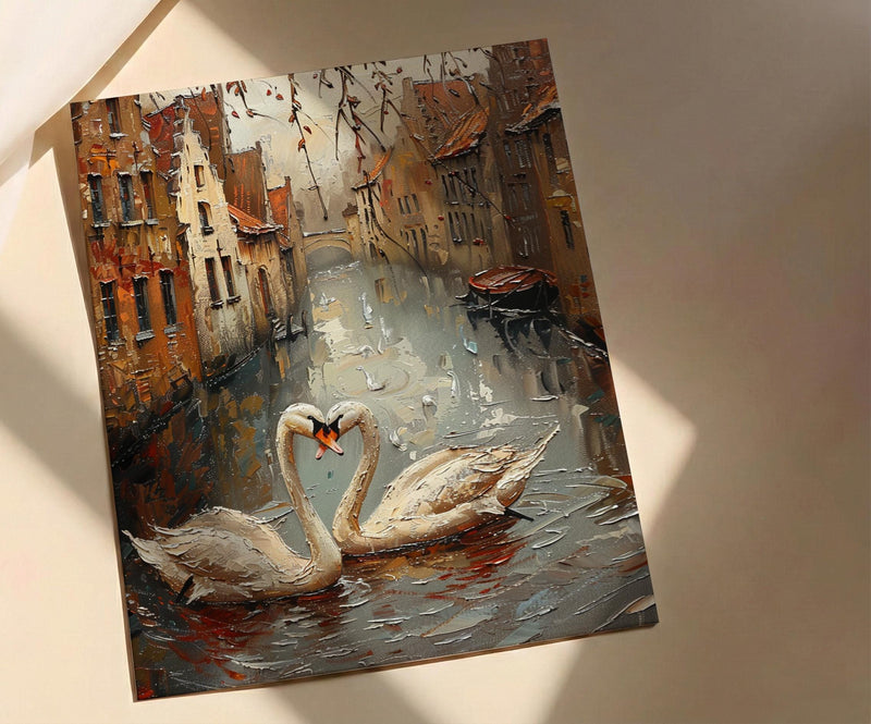 Bruges Wall Art, Belgium Canal Print, Swan Love, Impasto Oil Painting, Medieval Town, Romantic Landscape, Peaceful Decor
