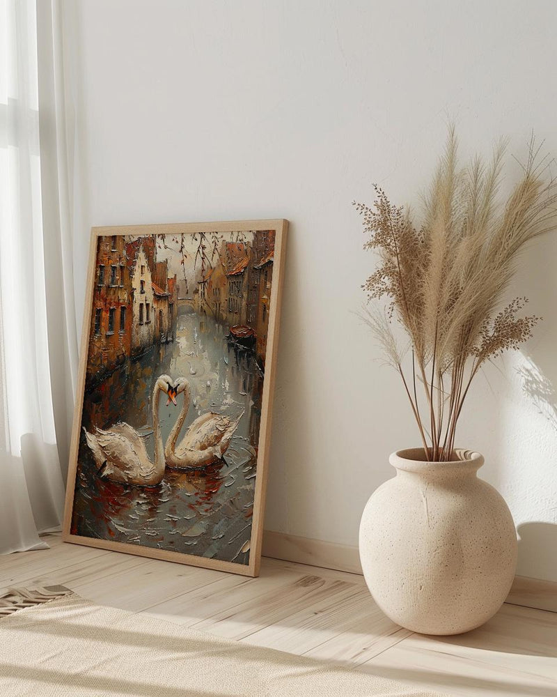 Bruges Wall Art, Belgium Canal Print, Swan Love, Impasto Oil Painting, Medieval Town, Romantic Landscape, Peaceful Decor