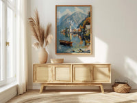 Hallstatt Wall Art, Austria Village Print, Lake Reflection, Impasto Oil Painting, Mountain Landscape, Serene Decor, Travel Gift