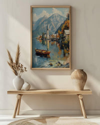 Hallstatt Wall Art, Austria Village Print, Lake Reflection, Impasto Oil Painting, Mountain Landscape, Serene Decor, Travel Gift