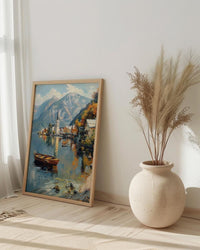 Hallstatt Wall Art, Austria Village Print, Lake Reflection, Impasto Oil Painting, Mountain Landscape, Serene Decor, Travel Gift