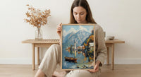 Hallstatt Wall Art, Austria Village Print, Lake Reflection, Impasto Oil Painting, Mountain Landscape, Serene Decor, Travel Gift