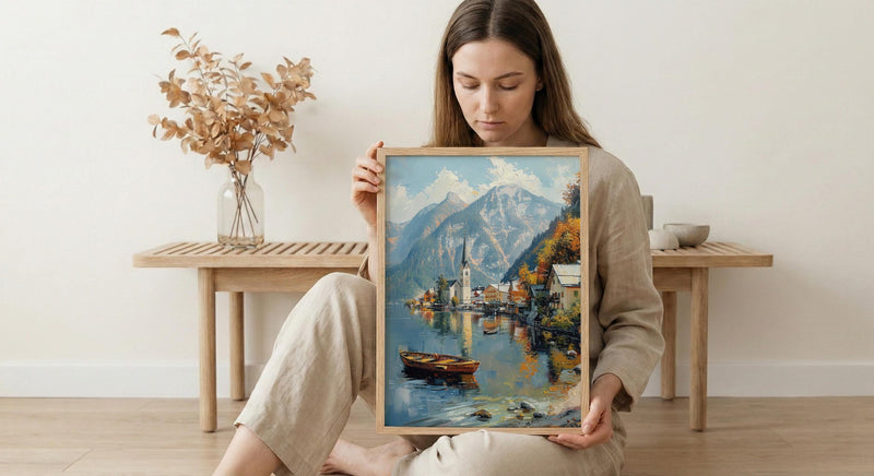 Hallstatt Wall Art, Austria Village Print, Lake Reflection, Impasto Oil Painting, Mountain Landscape, Serene Decor, Travel Gift