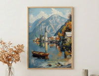 Hallstatt Wall Art, Austria Village Print, Lake Reflection, Impasto Oil Painting, Mountain Landscape, Serene Decor, Travel Gift