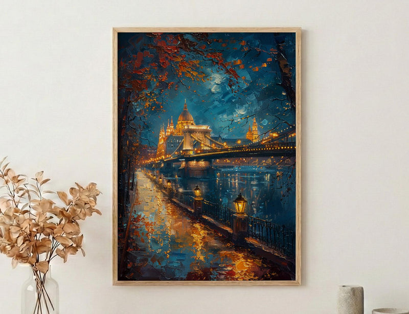 Budapest Wall Art, Chain Bridge Print, Hungary Travel, Impasto Oil Painting, Night Cityscape, Golden Lights, Romantic View