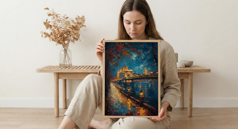 Budapest Wall Art, Chain Bridge Print, Hungary Travel, Impasto Oil Painting, Night Cityscape, Golden Lights, Romantic View