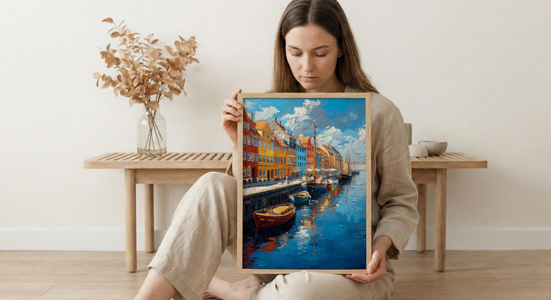 Copenhagen Wall Art, Nyhavn Harbor Print, Colorful Houses, Impasto Oil Painting, Denmark Decor, Hygge Art, Scandi Style