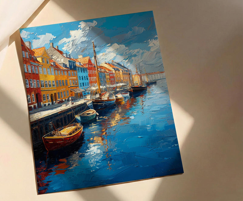 Copenhagen Wall Art, Nyhavn Harbor Print, Colorful Houses, Impasto Oil Painting, Denmark Decor, Hygge Art, Scandi Style