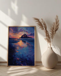 Mont Saint Michel Art, France Landmark Print, Mystical Castle, Impasto Oil Painting, Twilight Landscape, Fantasy Decor, Tide