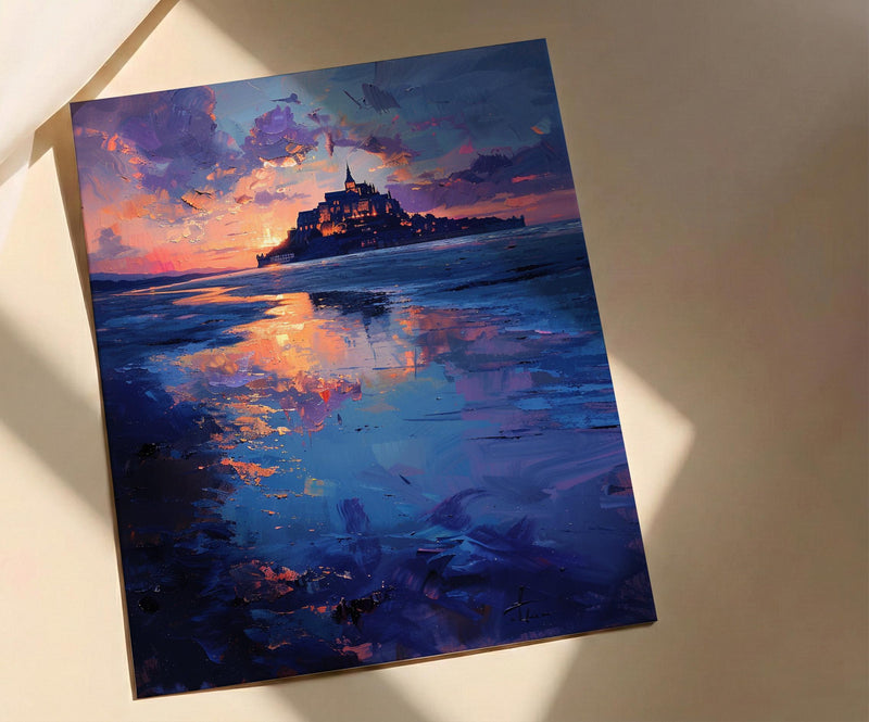Mont Saint Michel Art, France Landmark Print, Mystical Castle, Impasto Oil Painting, Twilight Landscape, Fantasy Decor, Tide