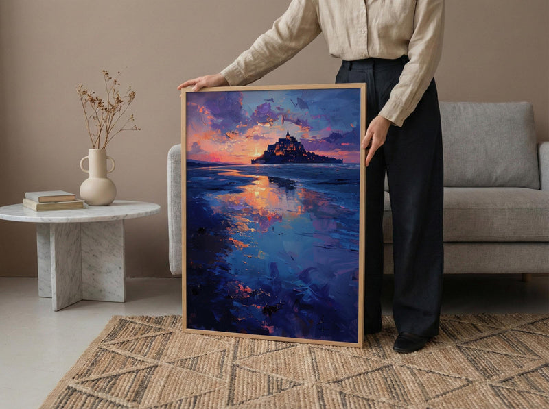 Mont Saint Michel Art, France Landmark Print, Mystical Castle, Impasto Oil Painting, Twilight Landscape, Fantasy Decor, Tide