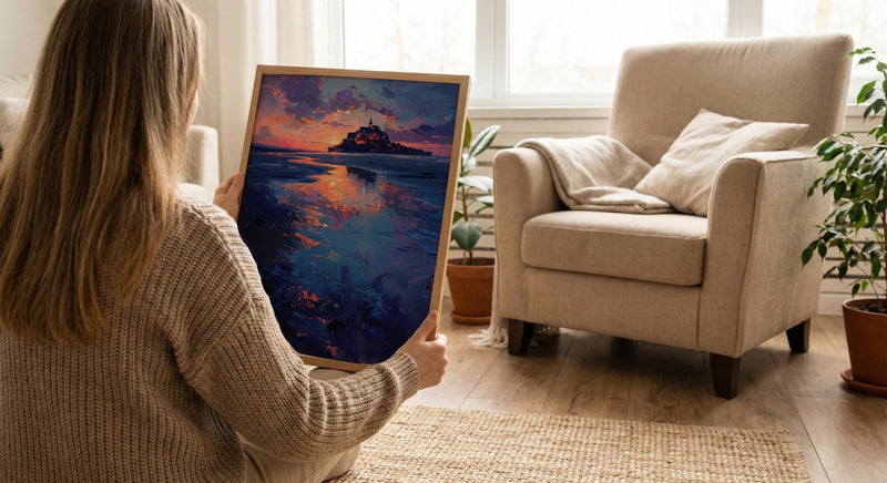 Mont Saint Michel Art, France Landmark Print, Mystical Castle, Impasto Oil Painting, Twilight Landscape, Fantasy Decor, Tide