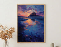 Mont Saint Michel Art, France Landmark Print, Mystical Castle, Impasto Oil Painting, Twilight Landscape, Fantasy Decor, Tide