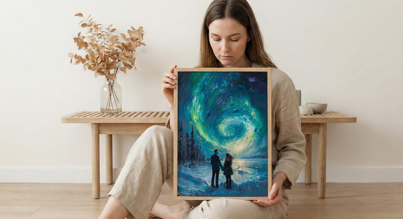 Northern Lights Art, Aurora Borealis Print, Lapland Landscape, Impasto Oil Painting, Winter Love, Snowy Night, Galaxy Decor, Wedding Gift