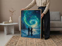 Northern Lights Art, Aurora Borealis Print, Lapland Landscape, Impasto Oil Painting, Winter Love, Snowy Night, Galaxy Decor, Wedding Gift