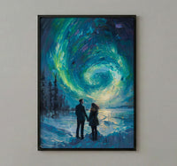 Northern Lights Art, Aurora Borealis Print, Lapland Landscape, Impasto Oil Painting, Winter Love, Snowy Night, Galaxy Decor, Wedding Gift