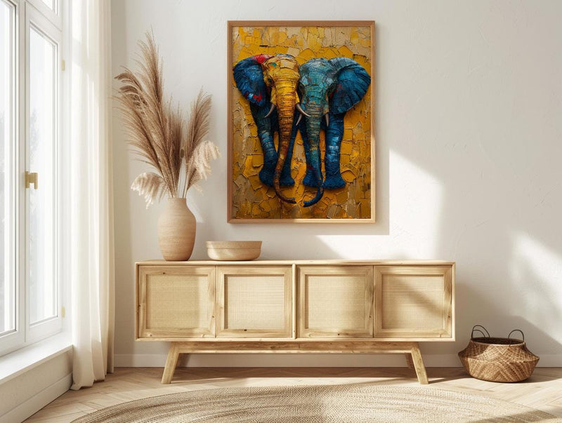 Elephant Couple Art, African Decor, Safari Nursery Print, Impasto Oil Painting, Animal Love, Kente Pattern, Good Luck Gift