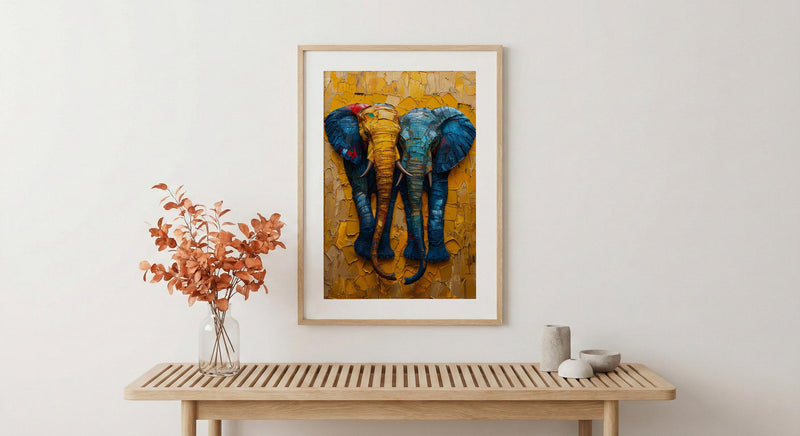 Elephant Couple Art, African Decor, Safari Nursery Print, Impasto Oil Painting, Animal Love, Kente Pattern, Good Luck Gift