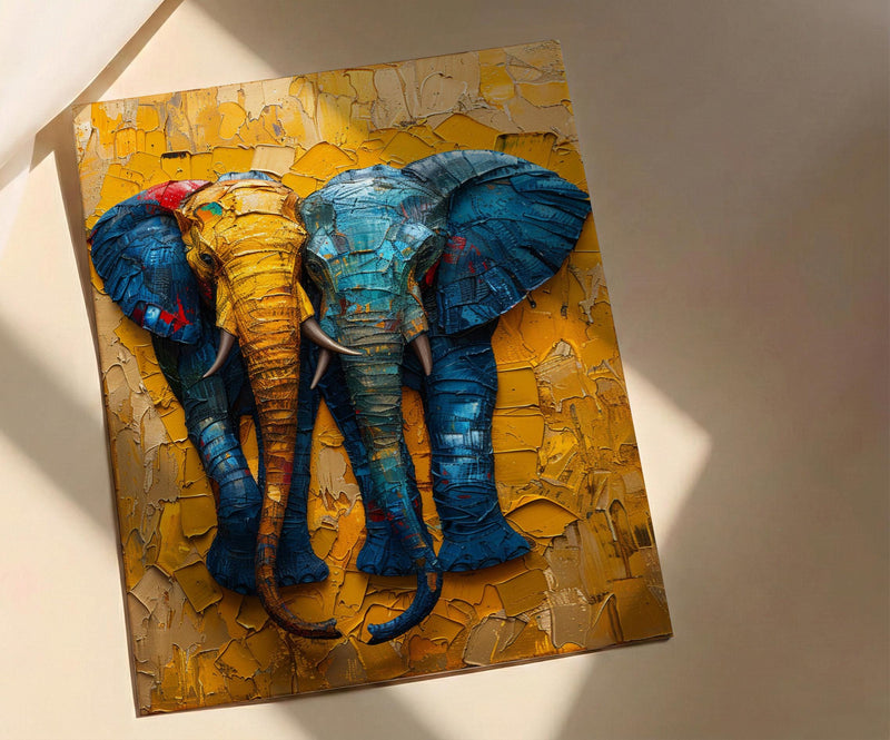 Elephant Couple Art, African Decor, Safari Nursery Print, Impasto Oil Painting, Animal Love, Kente Pattern, Good Luck Gift