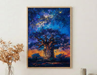 Baobab Tree Art, African Landscape, Tree of Life Print, Impasto Oil Painting, Starry Night, Mystical Decor, Nature Lover Gift