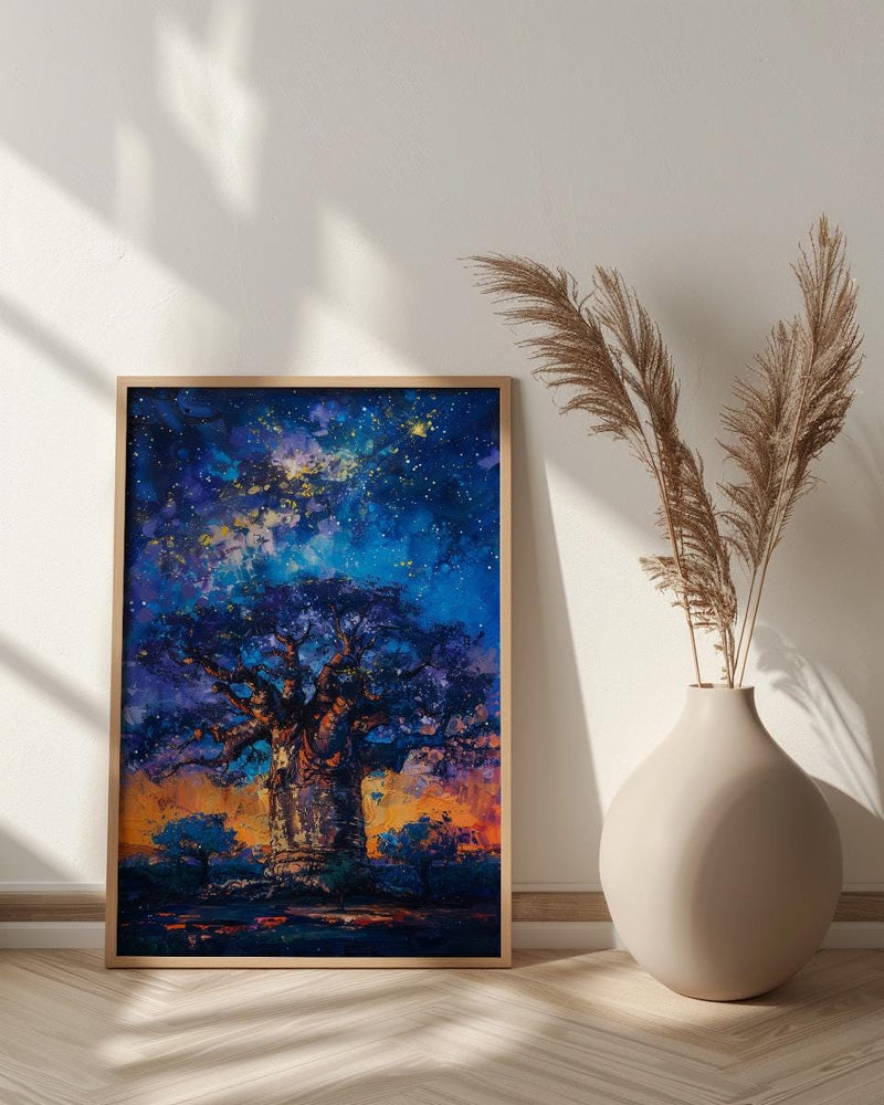 Baobab Tree Art, African Landscape, Tree of Life Print, Impasto Oil Painting, Starry Night, Mystical Decor, Nature Lover Gift