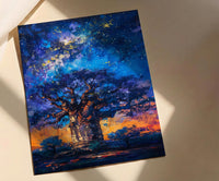 Baobab Tree Art, African Landscape, Tree of Life Print, Impasto Oil Painting, Starry Night, Mystical Decor, Nature Lover Gift