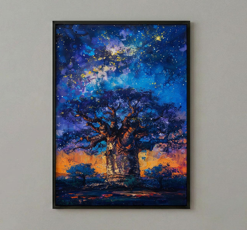 Baobab Tree Art, African Landscape, Tree of Life Print, Impasto Oil Painting, Starry Night, Mystical Decor, Nature Lover Gift