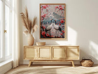 Japanese Art Print, Sakura Heart, Cherry Blossom Decor, Impasto Oil Painting, Crane Bird Art, Zen Wall Decor, Pink Floral, Wedding Gift