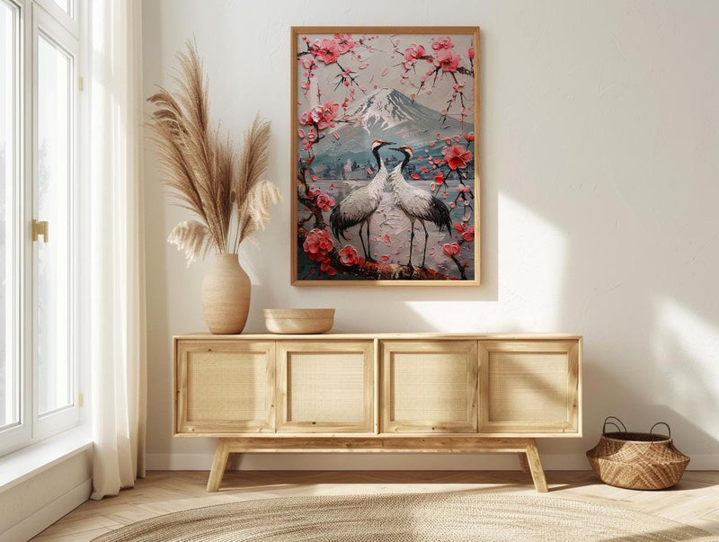 Japanese Art Print, Sakura Heart, Cherry Blossom Decor, Impasto Oil Painting, Crane Bird Art, Zen Wall Decor, Pink Floral, Wedding Gift