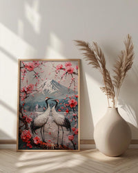 Japanese Art Print, Sakura Heart, Cherry Blossom Decor, Impasto Oil Painting, Crane Bird Art, Zen Wall Decor, Pink Floral, Wedding Gift