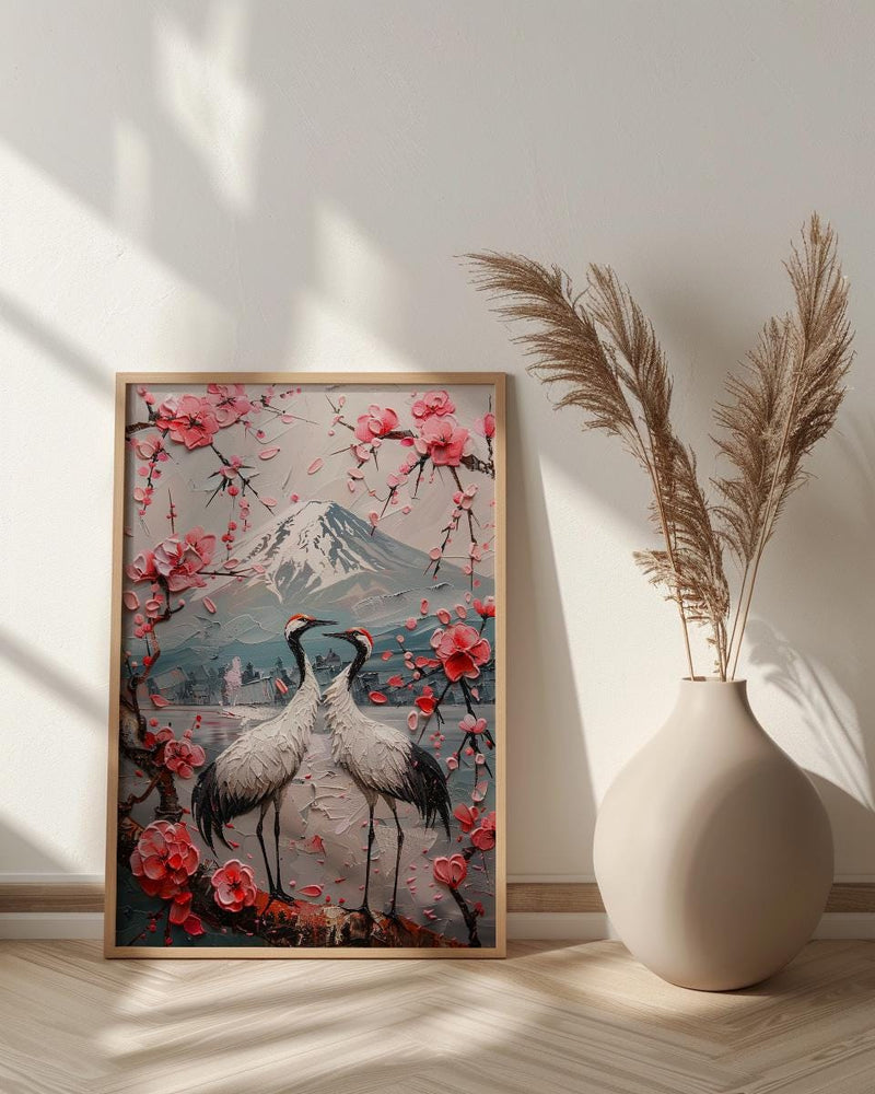 Japanese Art Print, Sakura Heart, Cherry Blossom Decor, Impasto Oil Painting, Crane Bird Art, Zen Wall Decor, Pink Floral, Wedding Gift