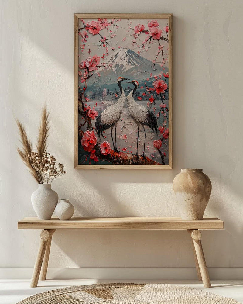 Japanese Art Print, Sakura Heart, Cherry Blossom Decor, Impasto Oil Painting, Crane Bird Art, Zen Wall Decor, Pink Floral, Wedding Gift