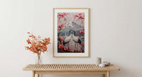 Japanese Art Print, Sakura Heart, Cherry Blossom Decor, Impasto Oil Painting, Crane Bird Art, Zen Wall Decor, Pink Floral, Wedding Gift