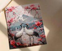 Japanese Art Print, Sakura Heart, Cherry Blossom Decor, Impasto Oil Painting, Crane Bird Art, Zen Wall Decor, Pink Floral, Wedding Gift