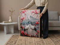 Japanese Art Print, Sakura Heart, Cherry Blossom Decor, Impasto Oil Painting, Crane Bird Art, Zen Wall Decor, Pink Floral, Wedding Gift