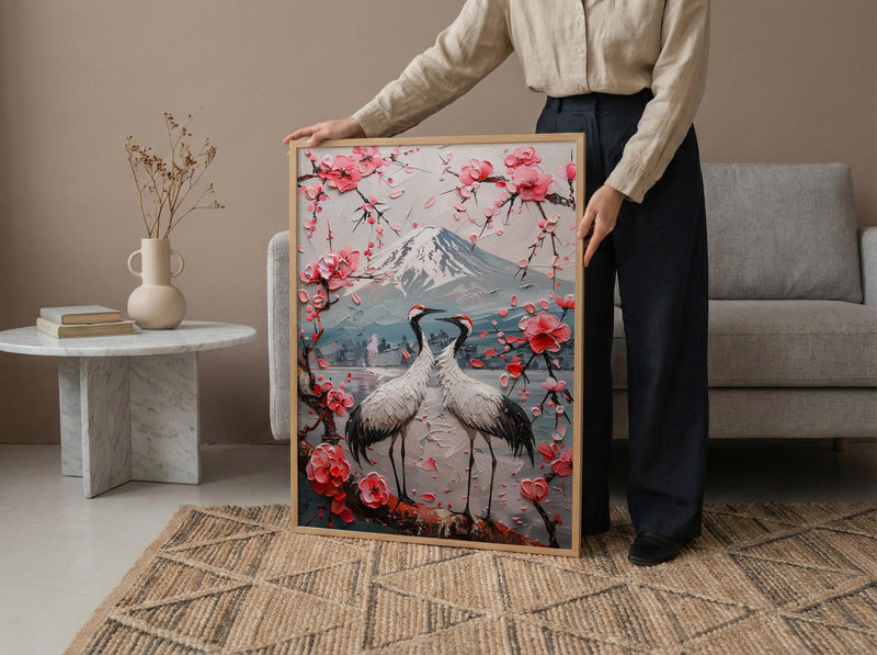Japanese Art Print, Sakura Heart, Cherry Blossom Decor, Impasto Oil Painting, Crane Bird Art, Zen Wall Decor, Pink Floral, Wedding Gift