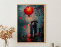 Asian Couple Art, Red Lantern Print, Romantic Night, Impasto Oil Painting, Traditional Chinese Decor, Love Gift, Bridge Scene