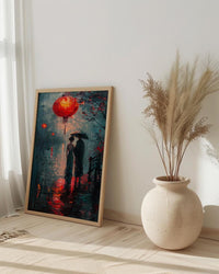 Asian Couple Art, Red Lantern Print, Romantic Night, Impasto Oil Painting, Traditional Chinese Decor, Love Gift, Bridge Scene