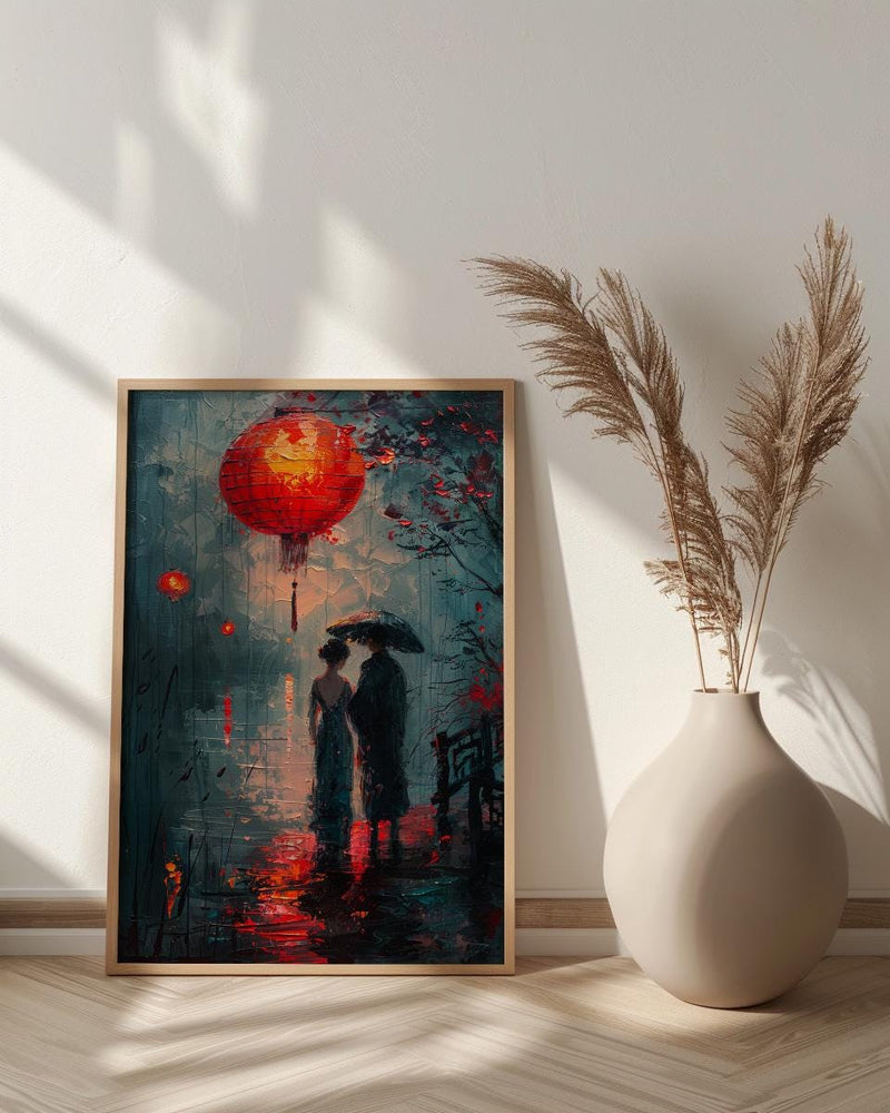 Asian Couple Art, Red Lantern Print, Romantic Night, Impasto Oil Painting, Traditional Chinese Decor, Love Gift, Bridge Scene