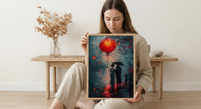 Asian Couple Art, Red Lantern Print, Romantic Night, Impasto Oil Painting, Traditional Chinese Decor, Love Gift, Bridge Scene