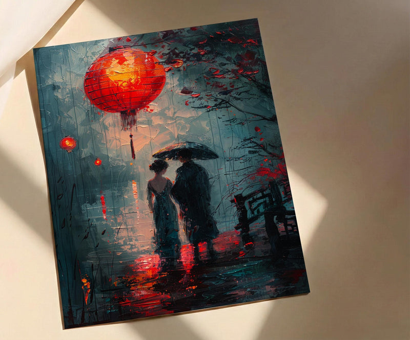 Asian Couple Art, Red Lantern Print, Romantic Night, Impasto Oil Painting, Traditional Chinese Decor, Love Gift, Bridge Scene